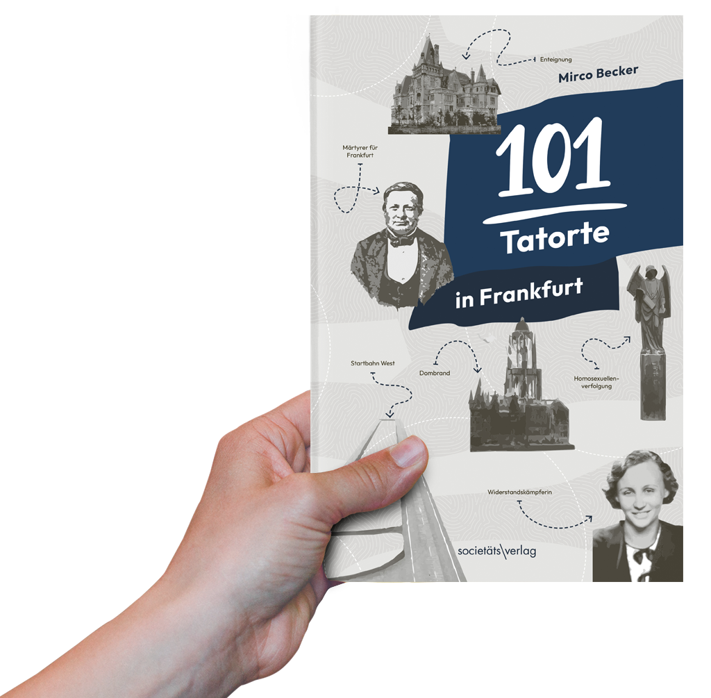 Foto: Eine Hand hält das Buch "101 Tatorte in Frankfurt" hoch